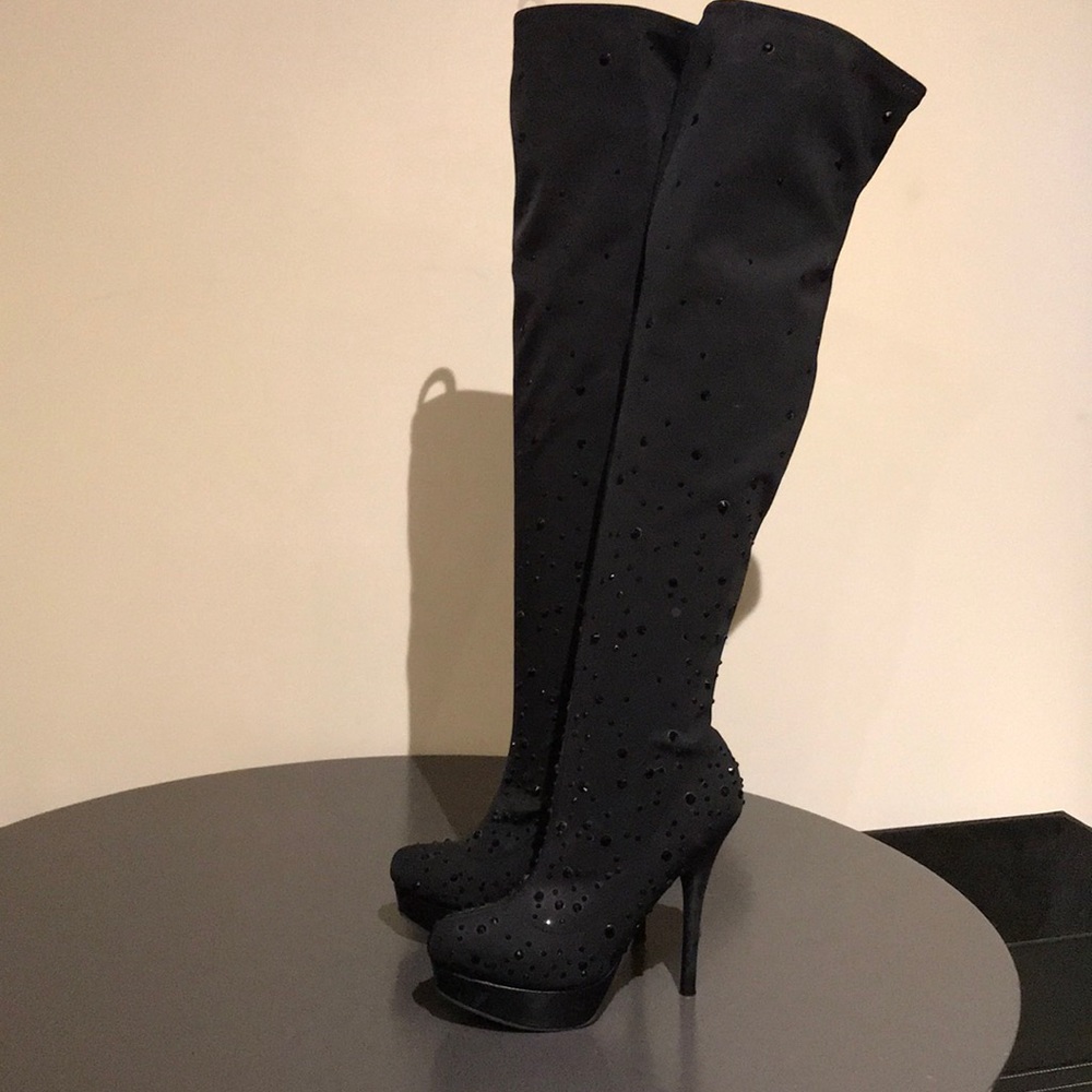 Black Sparkly Thigh High Embellished Boots